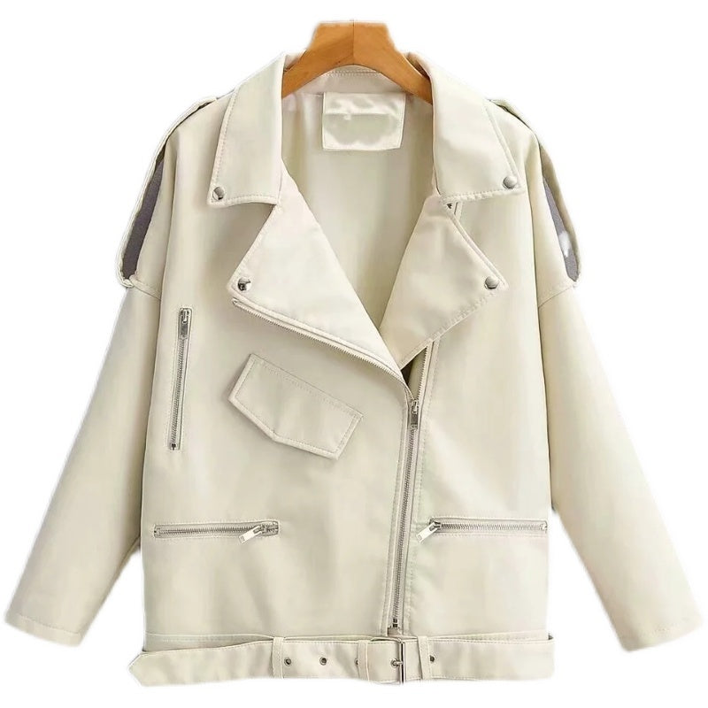 Chain Loose Female PU Leather Jacket Ladies Jacket