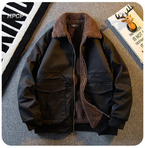 Retro Lambswool Overalls Men's Autumn And Winter Pu Shuai Fleece-lined Padded Lapel Jacket