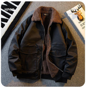 Retro Lambswool Overalls Men's Autumn And Winter Pu Shuai Fleece-lined Padded Lapel Jacket