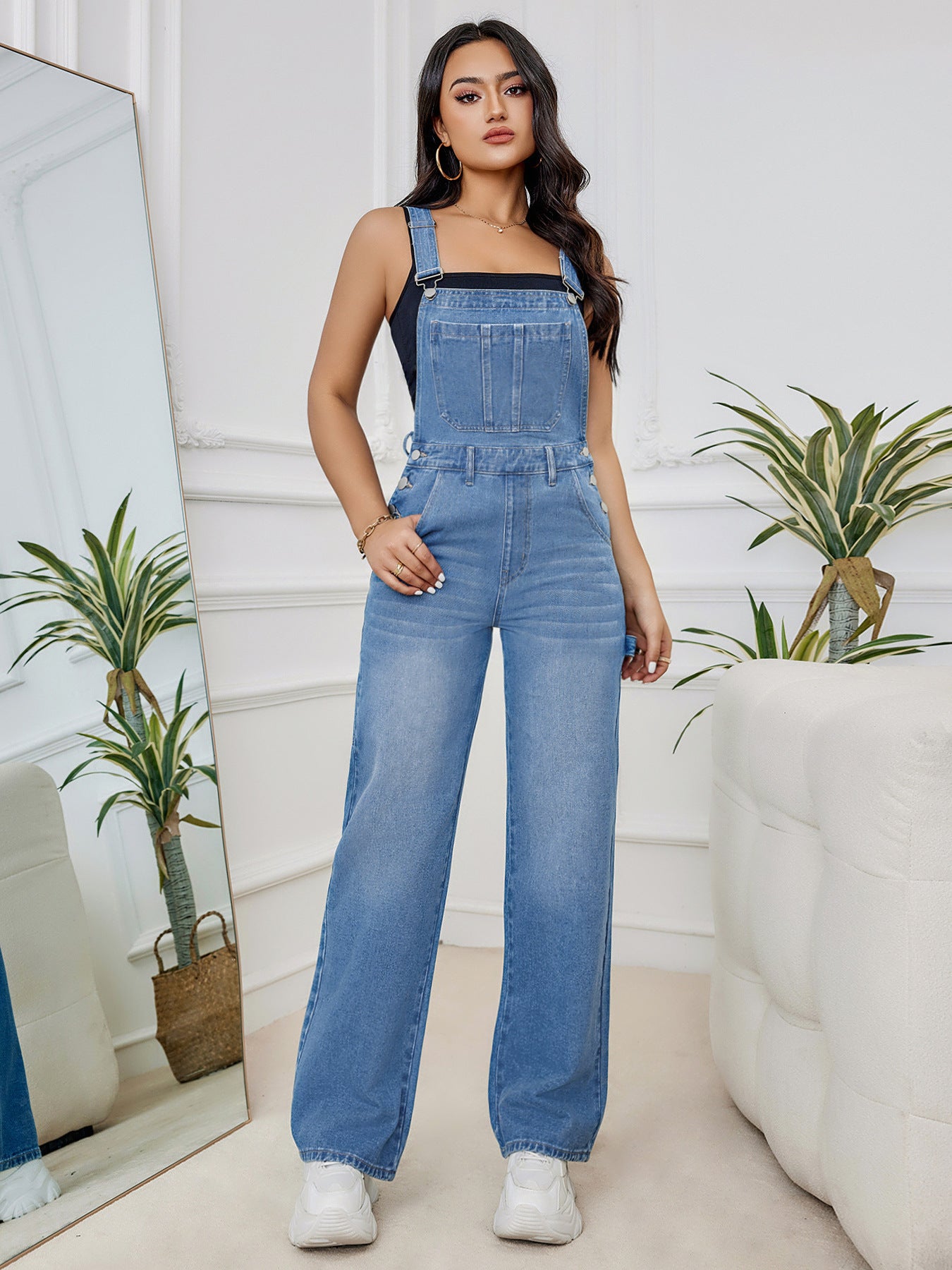 Women's Washed Denim Suspender Pants