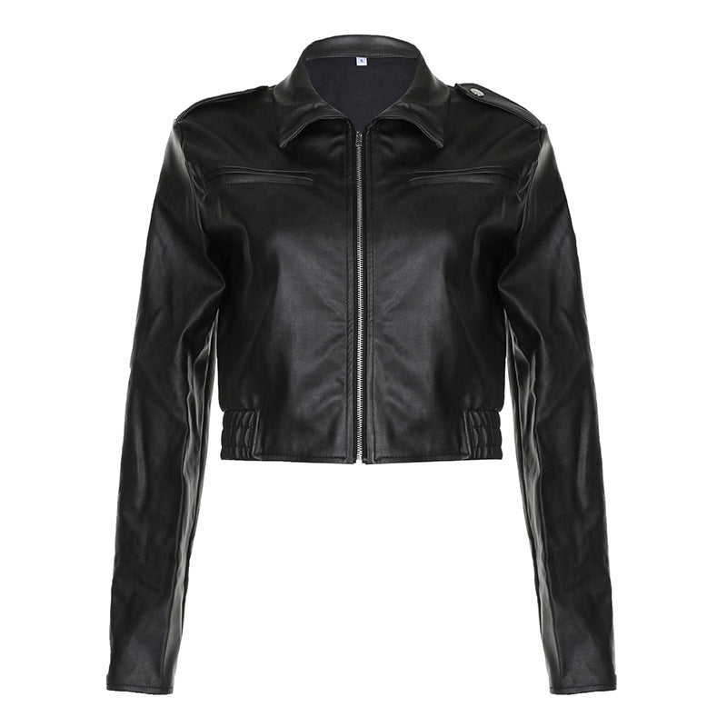 Solid Color Zipper Small Loose Lapels Fashion  Leather Coat Women's