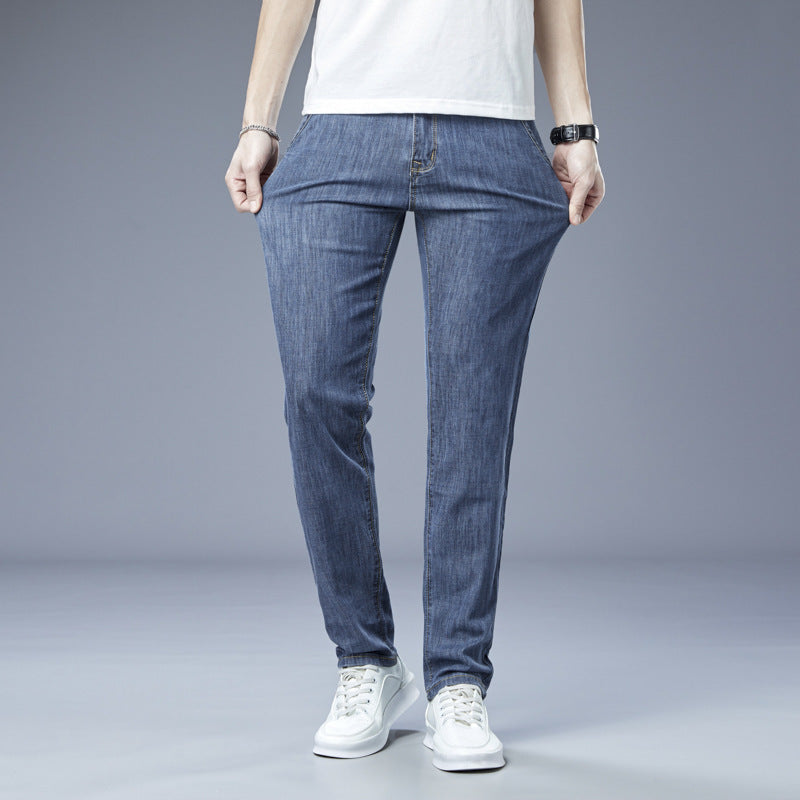 Men's Loose Elastic Jeans Straight Solid Color Casual Trousers