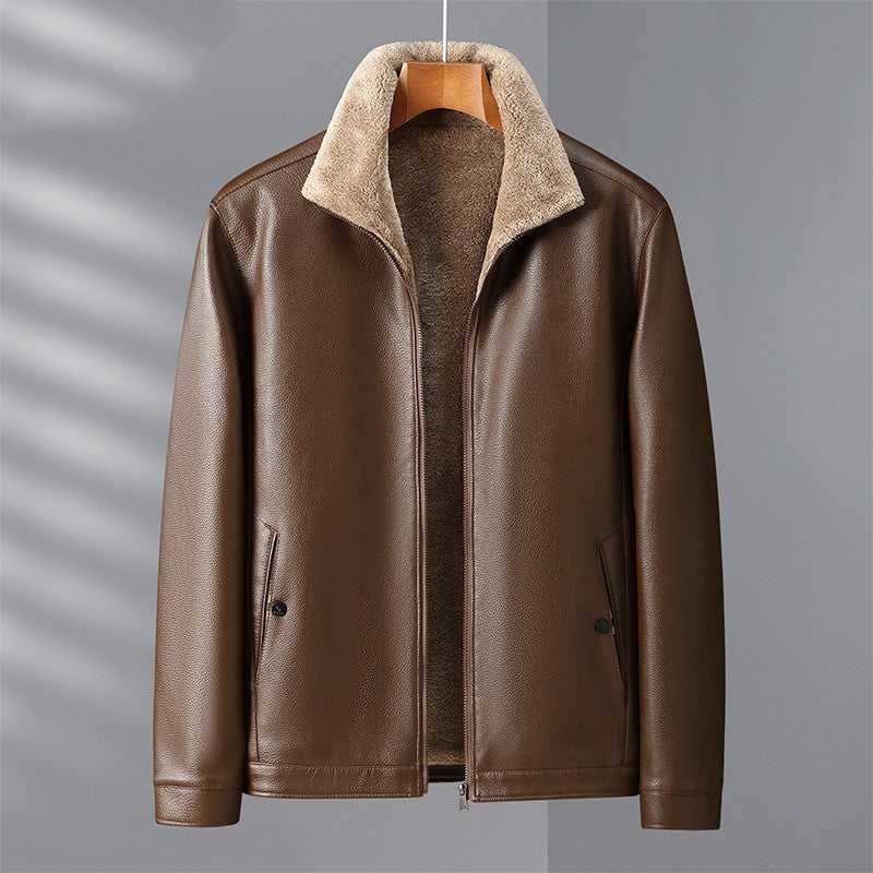 Fleece-lined Men's Leather Clothing With Stand Collar