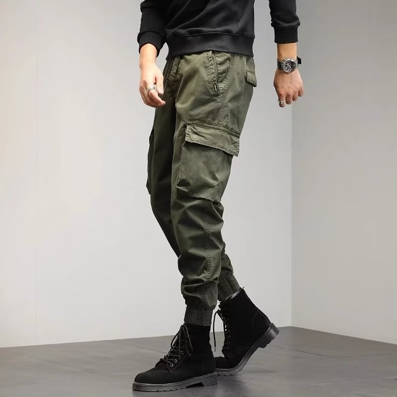 Men's Cropped Tooling Loose-fitting Casual Ankle-banded Trousers Multi-pocket