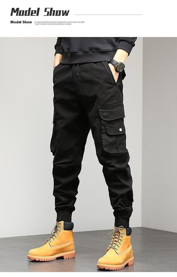 Men's Cropped Tooling Loose-fitting Casual Ankle-banded Trousers Multi-pocket