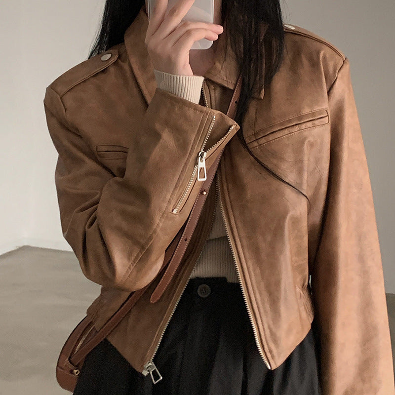 Solid Color Zipper Small Loose Lapels Fashion  Leather Coat Women's