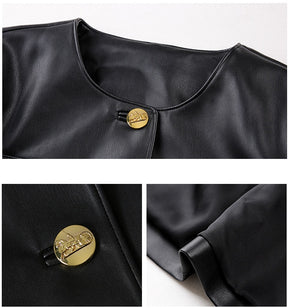 Black Round Neck Cardigan Casual Faux Leather Jacket