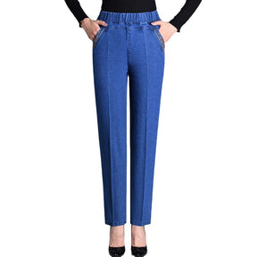 Thin Elastic High Waist Denim Straight-leg Trousers