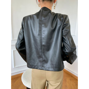 Black Round Neck Cardigan Casual Faux Leather Jacket