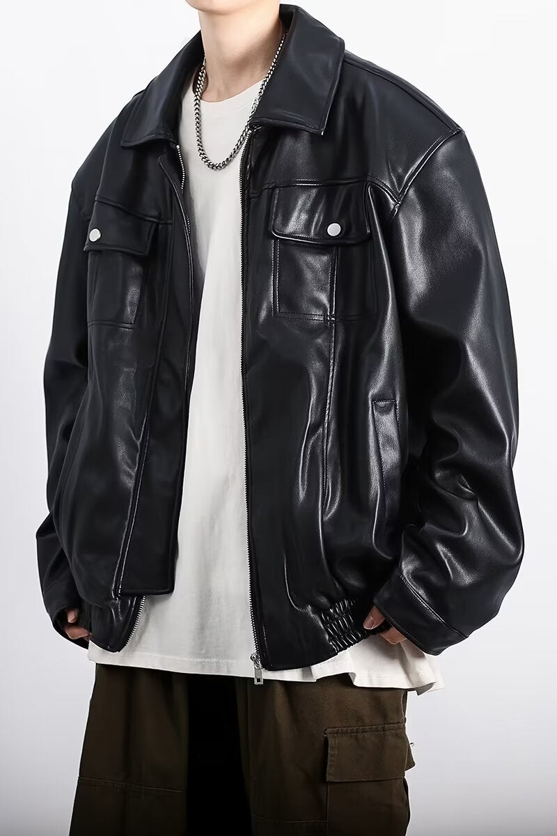 Retro Textured Motorcycle Clothing Leather Coat For Men Loose Casual Jacket